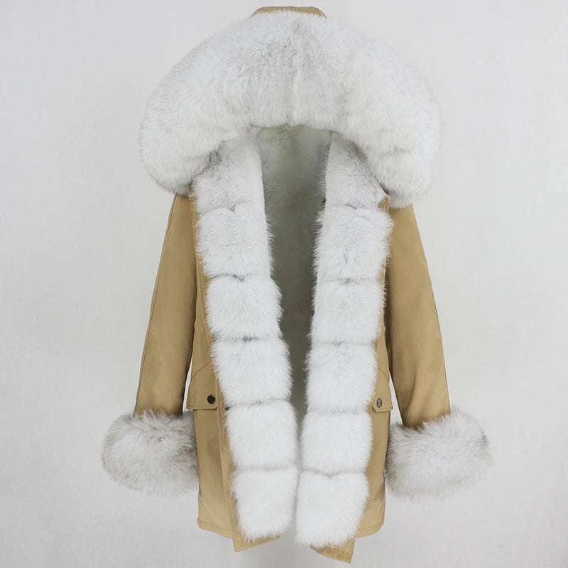 Winter Jacket Women Real Fur Coat Natural Real Fox Fur Collar Loose Long Parkas Big Outerwear Detachable