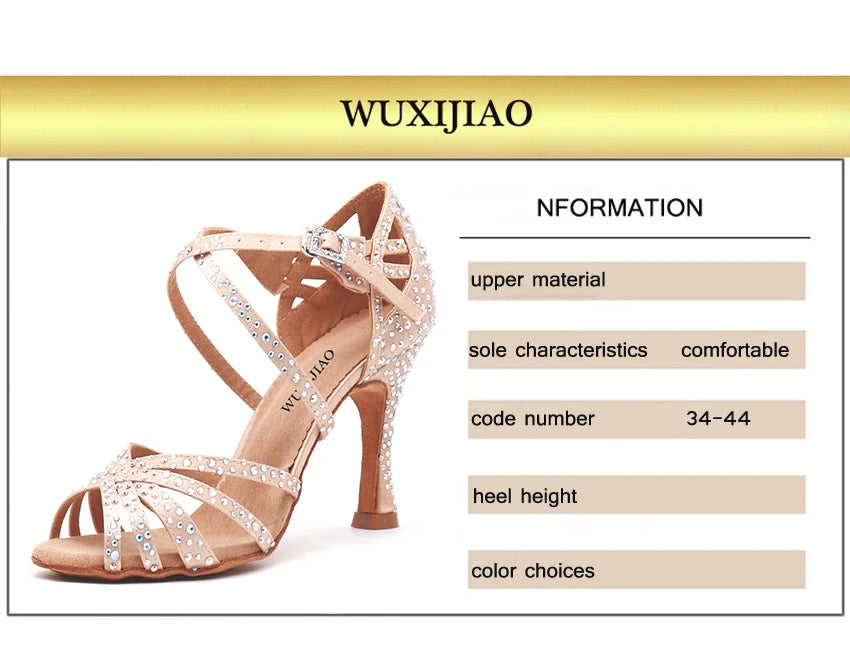 WUXIJIAO Women Party Dance Shoes  Satin Shining rhinestones Soft Bottom Latin Dance Woman shoes