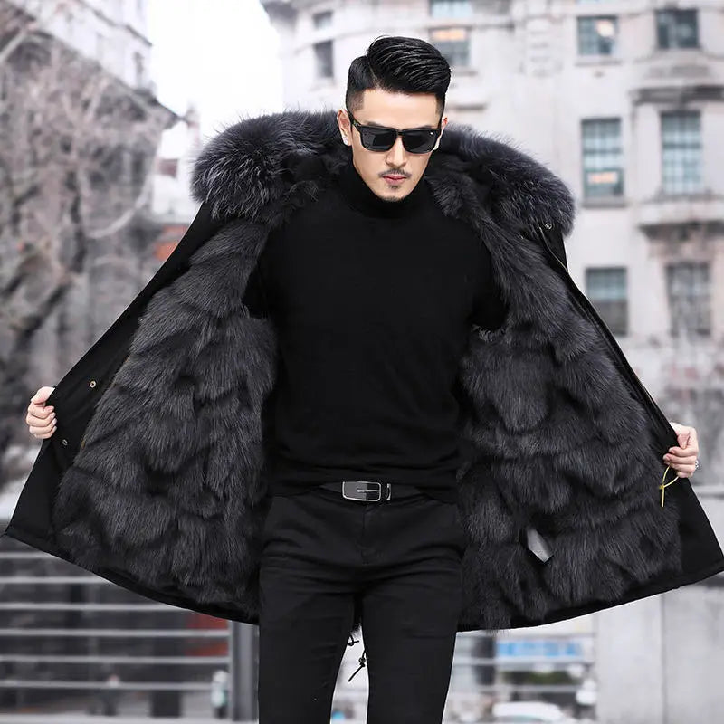 HANZANGL Men's Fur Coat 2022 Winter High Quality Fashion With Fur Hooded Lined Thick Warm Outerwear Mid-length With Long