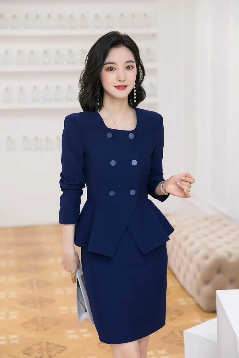 Navy blue Blazer Women Business Suits Ladies Skirt and Jacket Sets Office  elegant outfit