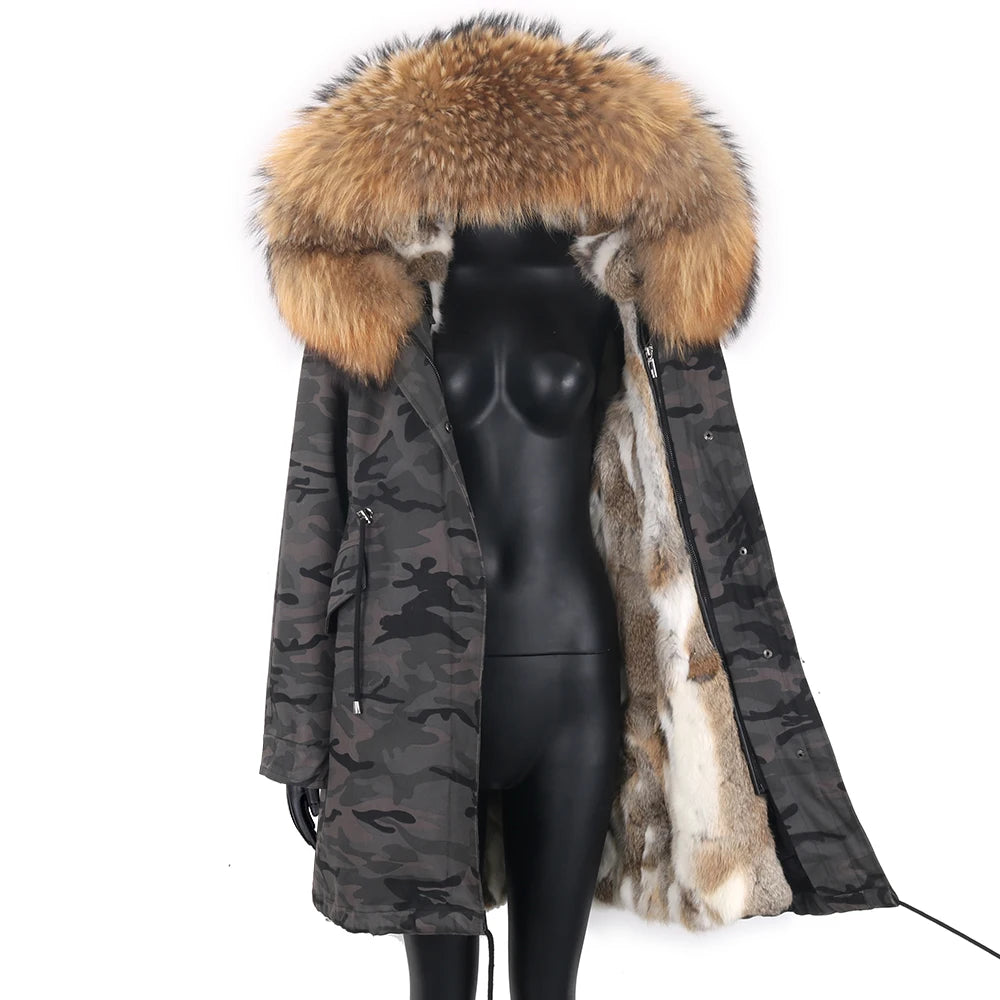 Thick Real Fur Coat Big Raccoon Collar Hooded Jacket Detachable Rabbit Fur Lining Winter Women's Clothing