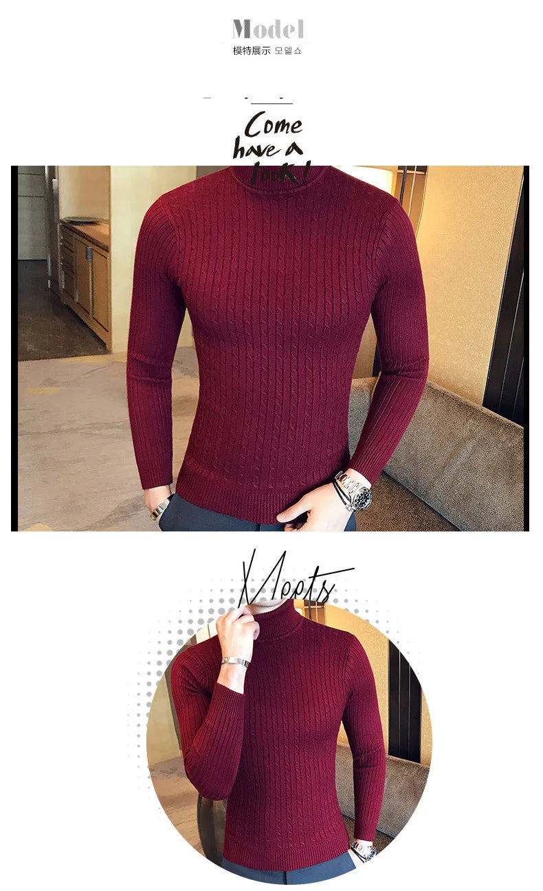 Casual Men Winter High Solid Color Sweater Turtleneck Brand Mens White Sweaters Slim Knitted Fit Pullover Twist Striped Knitwear