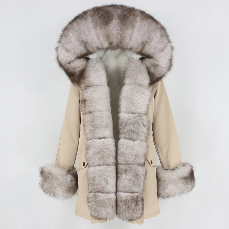 Winter Jacket Women Real Fur Coat Natural Real Fox Fur Collar Loose Long Parkas Big Outerwear Detachable