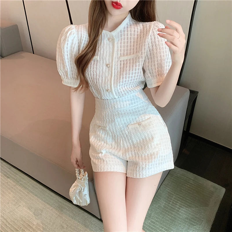 New Summer Elegant Women Blue Shorts Set Fashion Puff Sleeve Single Breasted White  Plaid Top High Waist Shorts 2 Piece Sets