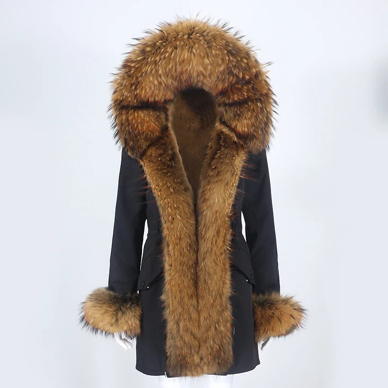 Winter Jacket Women Real Fur Coat Natural Real Fox Fur Collar Loose Long Parkas Big Outerwear Detachable