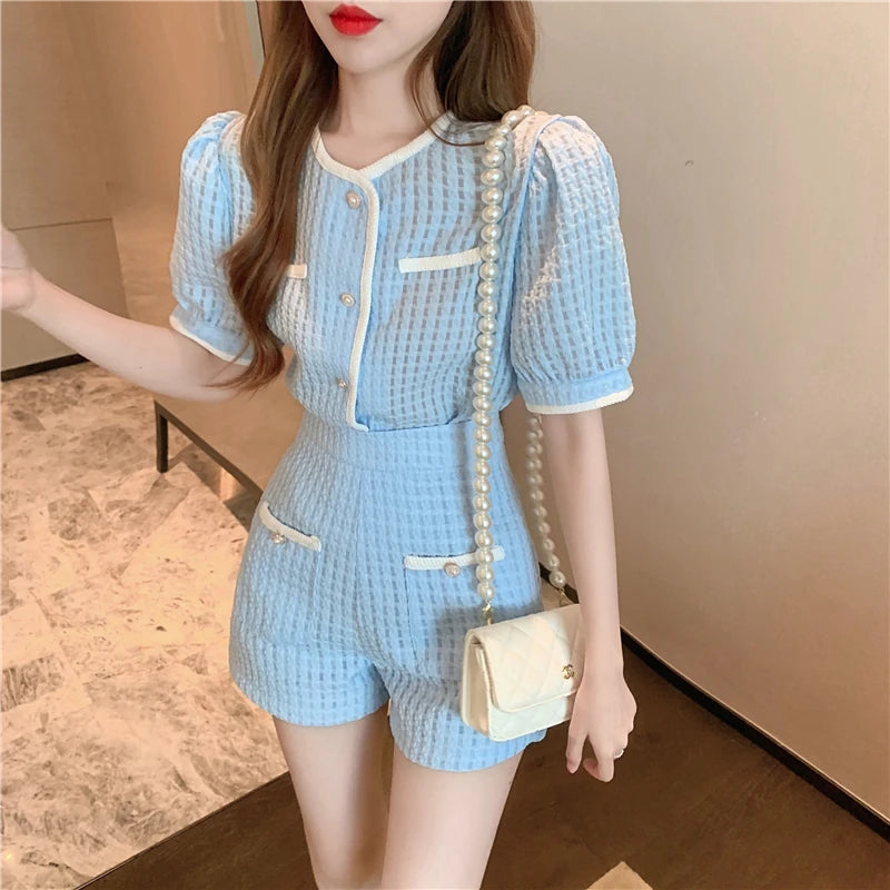 New Summer Elegant Women Blue Shorts Set Fashion Puff Sleeve Single Breasted White  Plaid Top High Waist Shorts 2 Piece Sets