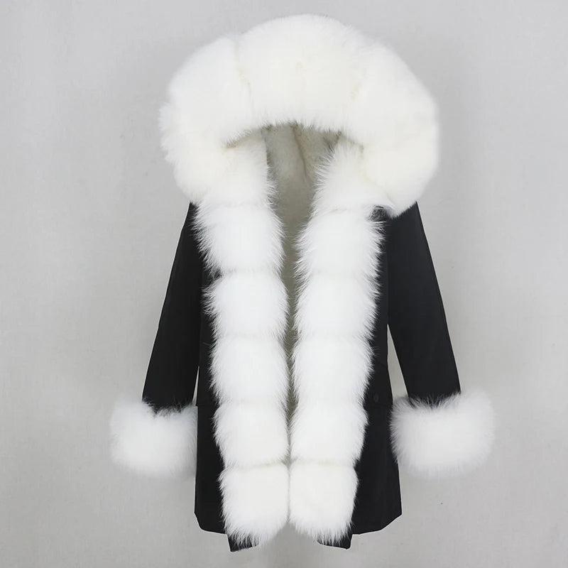 Winter Jacket Women Real Fur Coat Natural Real Fox Fur Collar Loose Long Parkas Big Outerwear Detachable