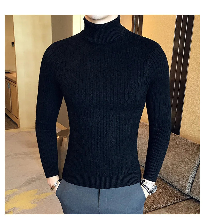 Casual Men Winter High Solid Color Sweater Turtleneck Brand Mens White Sweaters Slim Knitted Fit Pullover Twist Striped Knitwear