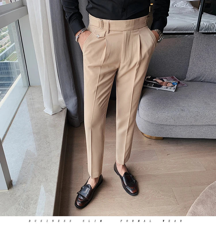 British Style New Solid High Waist Pant Men Business Formal Wear Trousers 2024 High Quality Slim Casual Office Suit