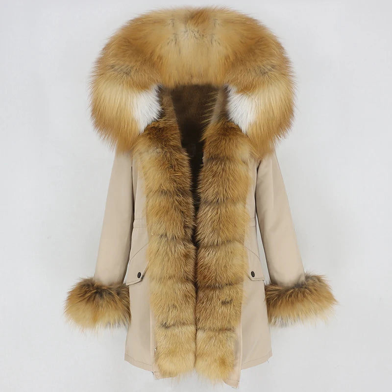 Winter Jacket Women Real Fur Coat Natural Real Fox Fur Collar Loose Long Parkas Big Outerwear Detachable