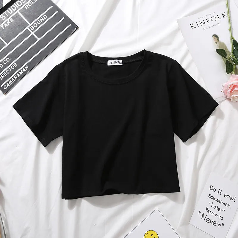 Summer Short Sleeve T Shirts Women  Solid O Neck High Waist Crop Top Tee Female Casual Loose T Shirt