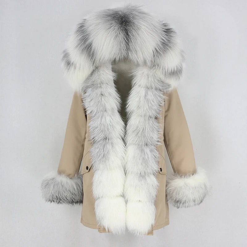 Winter Jacket Women Real Fur Coat Natural Real Fox Fur Collar Loose Long Parkas Big Outerwear Detachable