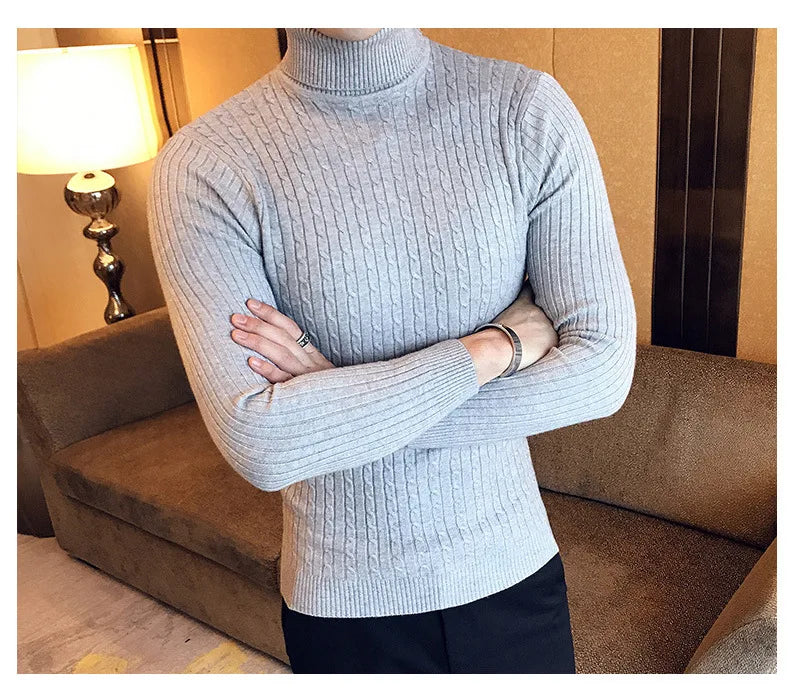 Casual Men Winter High Solid Color Sweater Turtleneck Brand Mens White Sweaters Slim Knitted Fit Pullover Twist Striped Knitwear