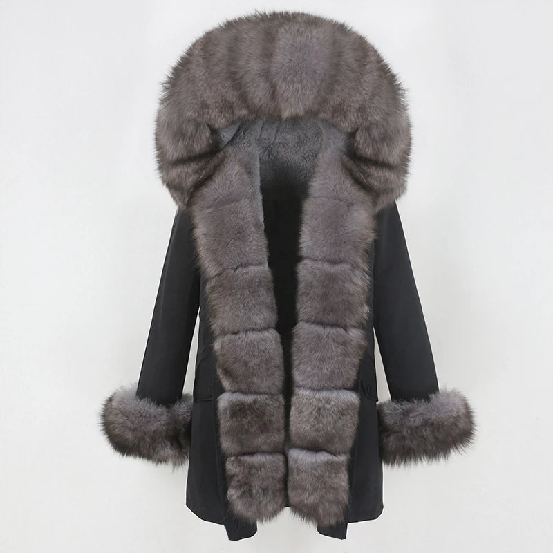 Winter Jacket Women Real Fur Coat Natural Real Fox Fur Collar Loose Long Parkas Big Outerwear Detachable