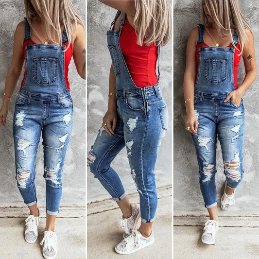 Women jeans  Retro Denim Bib Overalls Jumpsuits and Rompers Ladies Ripped Hole Casual Jeans.