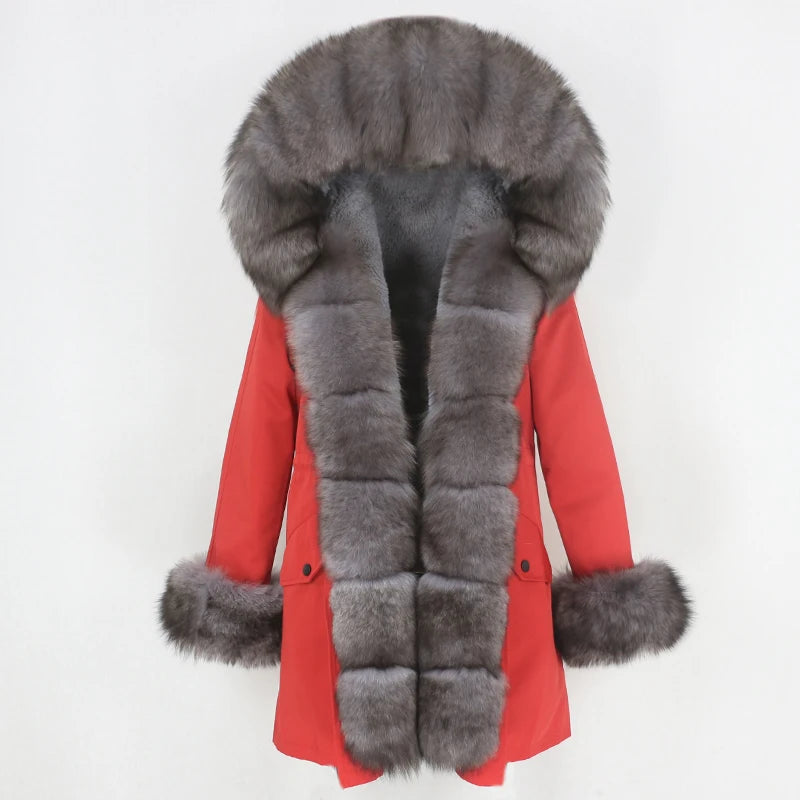 Winter Jacket Women Real Fur Coat Natural Real Fox Fur Collar Loose Long Parkas Big Outerwear Detachable