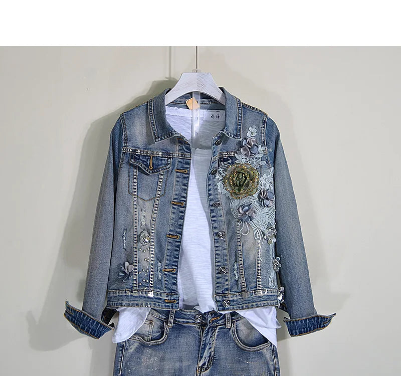 Two Piece Set Spring and Autumn Beads Sequin with Holes Jeans + Tops  Women's Jeans jacket