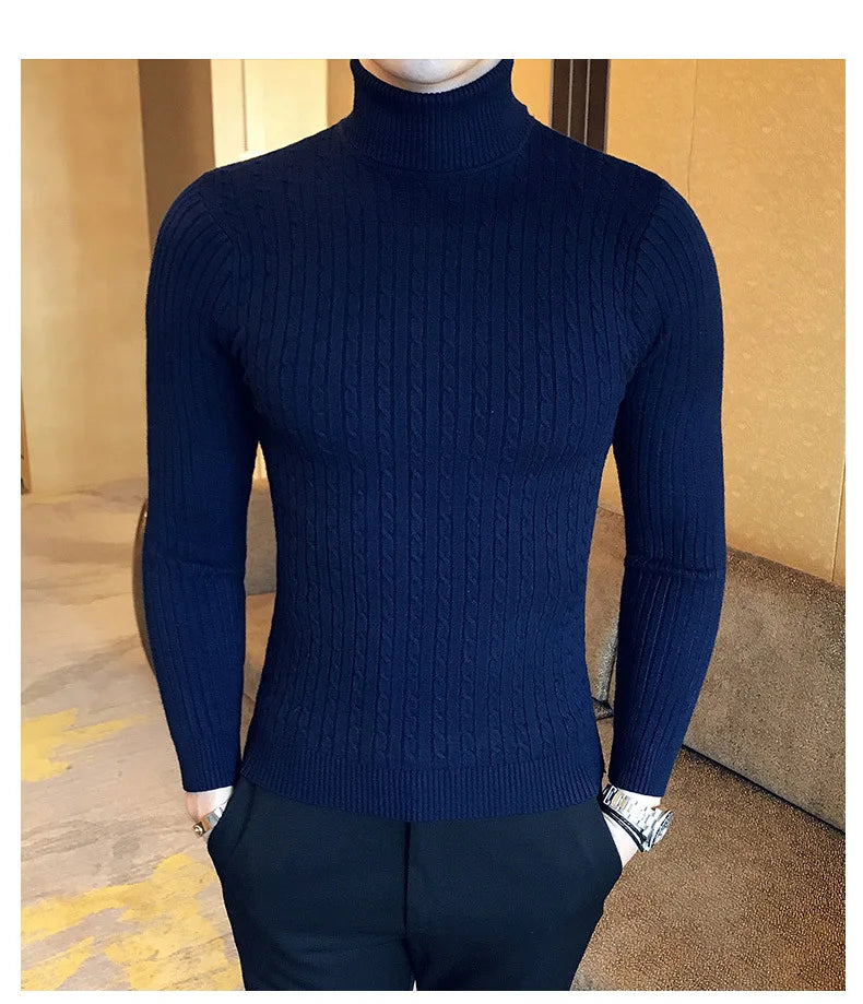 Casual Men Winter High Solid Color Sweater Turtleneck Brand Mens White Sweaters Slim Knitted Fit Pullover Twist Striped Knitwear