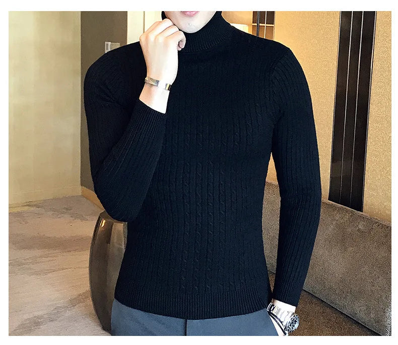 Casual Men Winter High Solid Color Sweater Turtleneck Brand Mens White Sweaters Slim Knitted Fit Pullover Twist Striped Knitwear