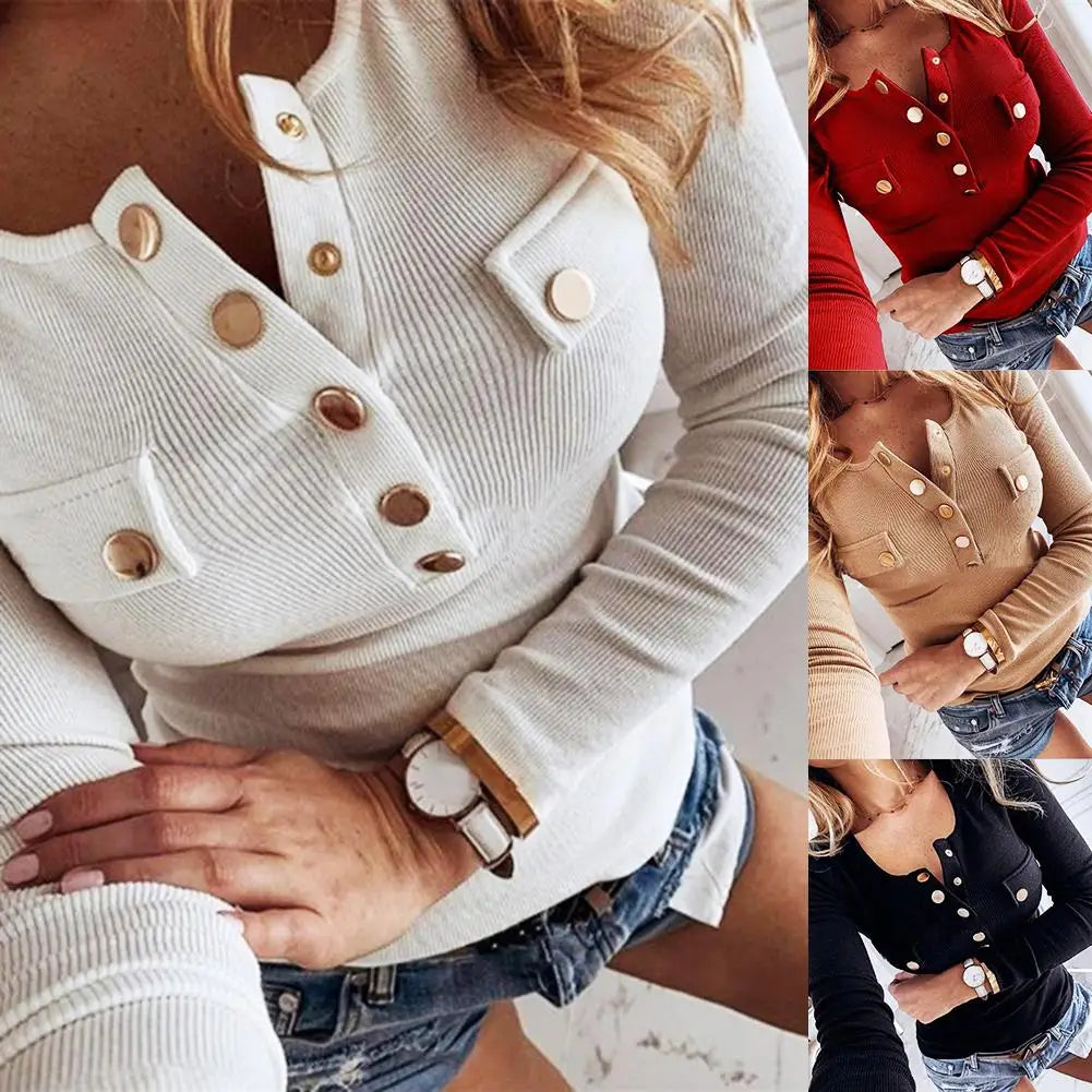 Fashion for Women Long Sleeve Solid Colour Button-s Ribbed Slim