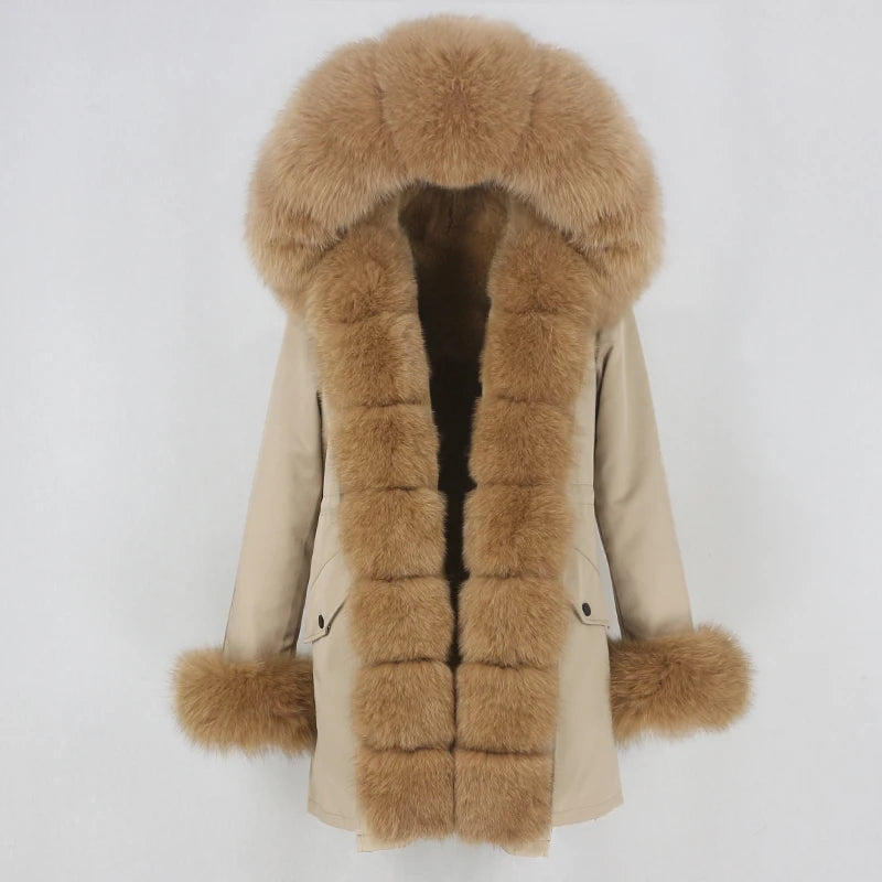 Winter Jacket Women Real Fur Coat Natural Real Fox Fur Collar Loose Long Parkas Big Outerwear Detachable