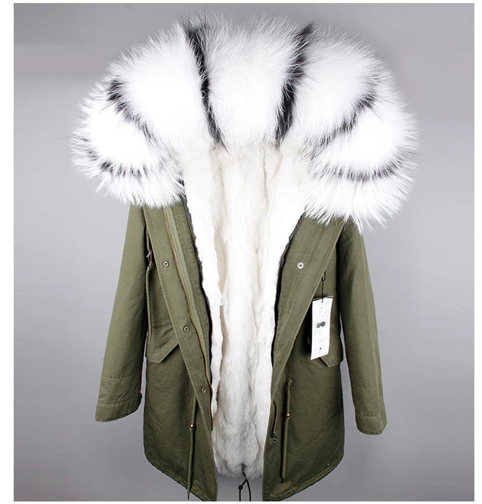 Thick Real Fur Coat Big Raccoon Collar Hooded Jacket Detachable Rabbit Fur Lining Winter Women's Clothing