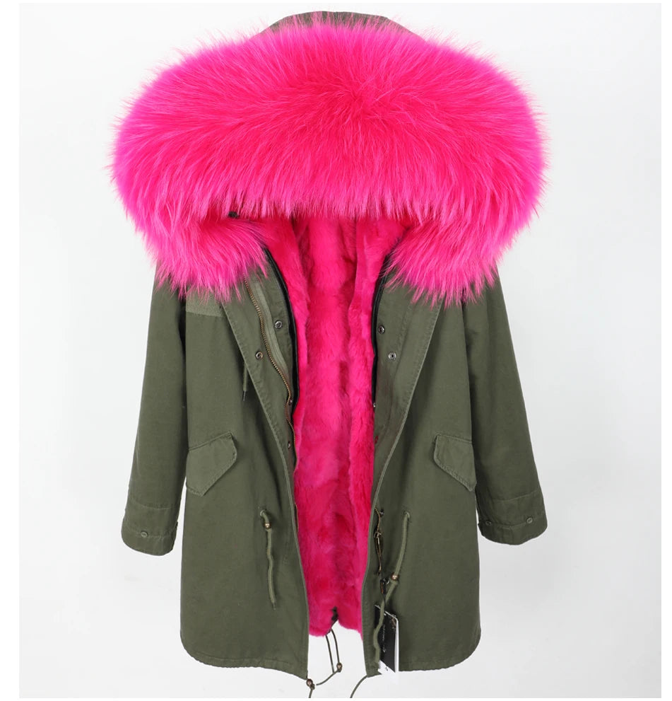 Thick Real Fur Coat Big Raccoon Collar Hooded Jacket Detachable Rabbit Fur Lining Winter Women's Clothing