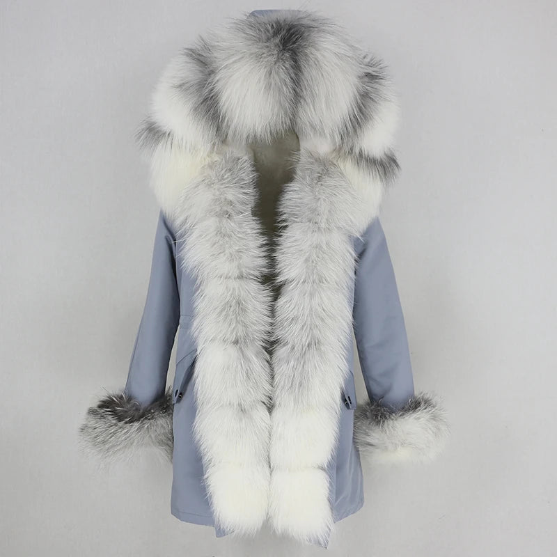 Winter Jacket Women Real Fur Coat Natural Real Fox Fur Collar Loose Long Parkas Big Outerwear Detachable