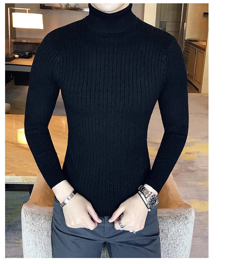 Casual Men Winter High Solid Color Sweater Turtleneck Brand Mens White Sweaters Slim Knitted Fit Pullover Twist Striped Knitwear