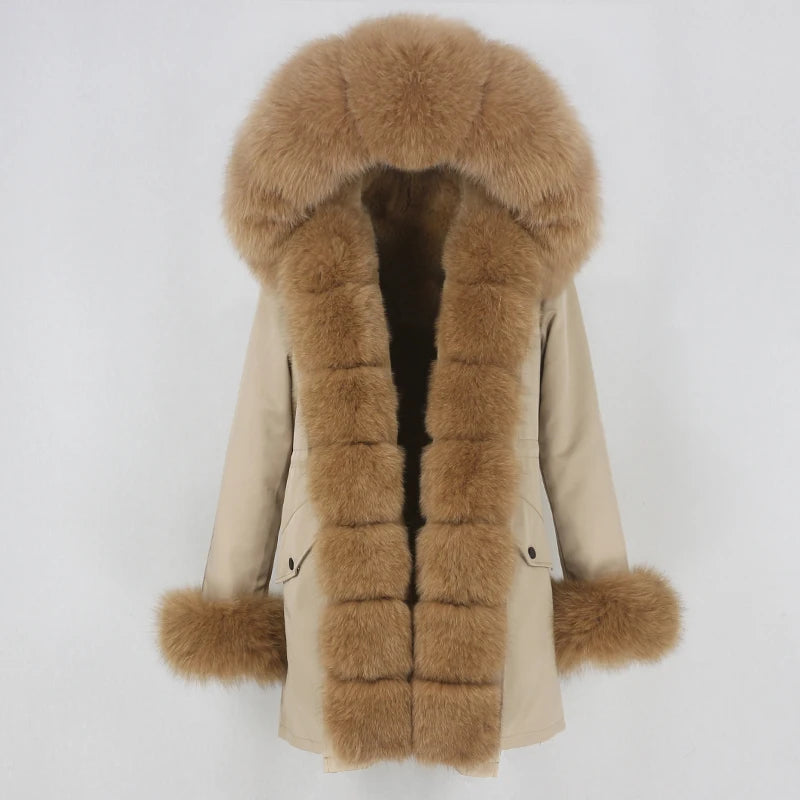 Winter Jacket Women Real Fur Coat Natural Real Fox Fur Collar Loose Long Parkas Big Outerwear Detachable