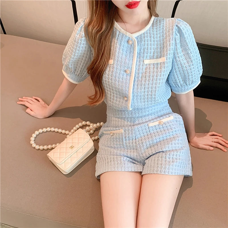 New Summer Elegant Women Blue Shorts Set Fashion Puff Sleeve Single Breasted White  Plaid Top High Waist Shorts 2 Piece Sets