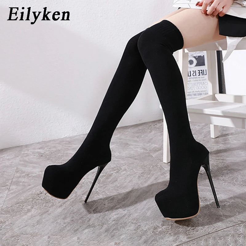 Eilyken Over-the-Knee Motorcycle Boots for Women – Platform, Thin Heels, Stretch Fabric, Super High Heel