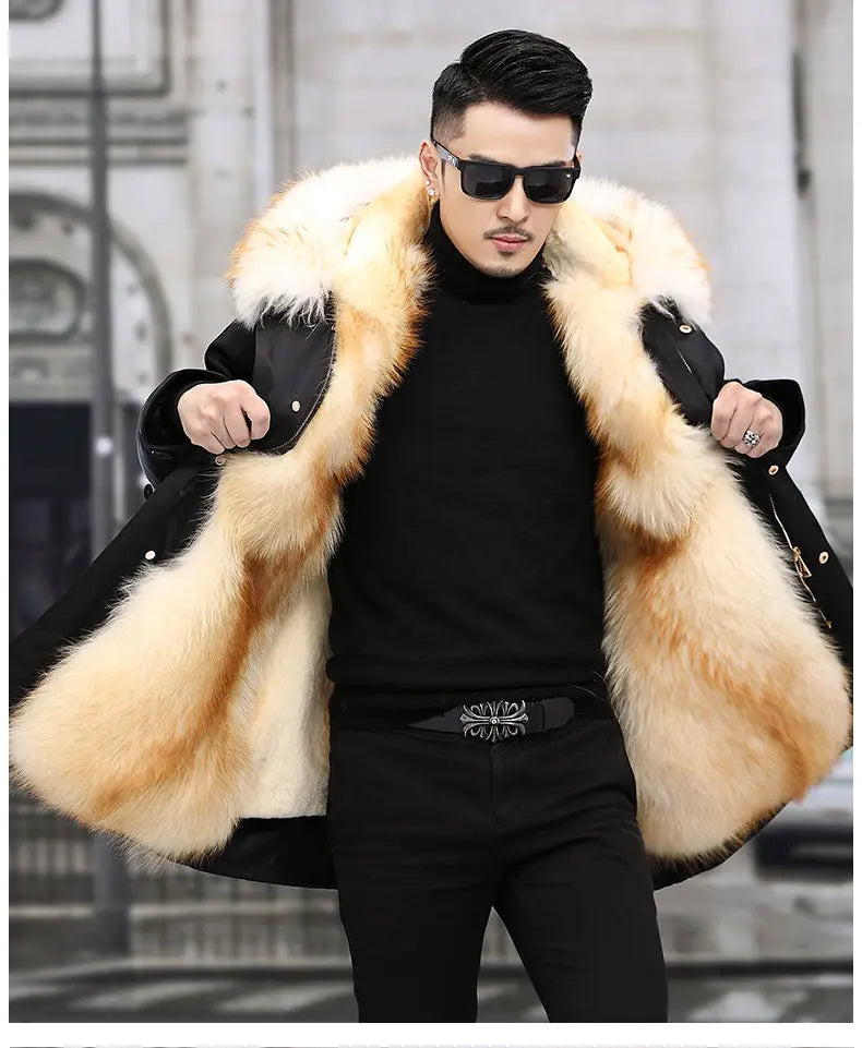 HANZANGL Men's Fur Coat 2022 Winter High Quality Fashion With Fur Hooded Lined Thick Warm Outerwear Mid-length With Long