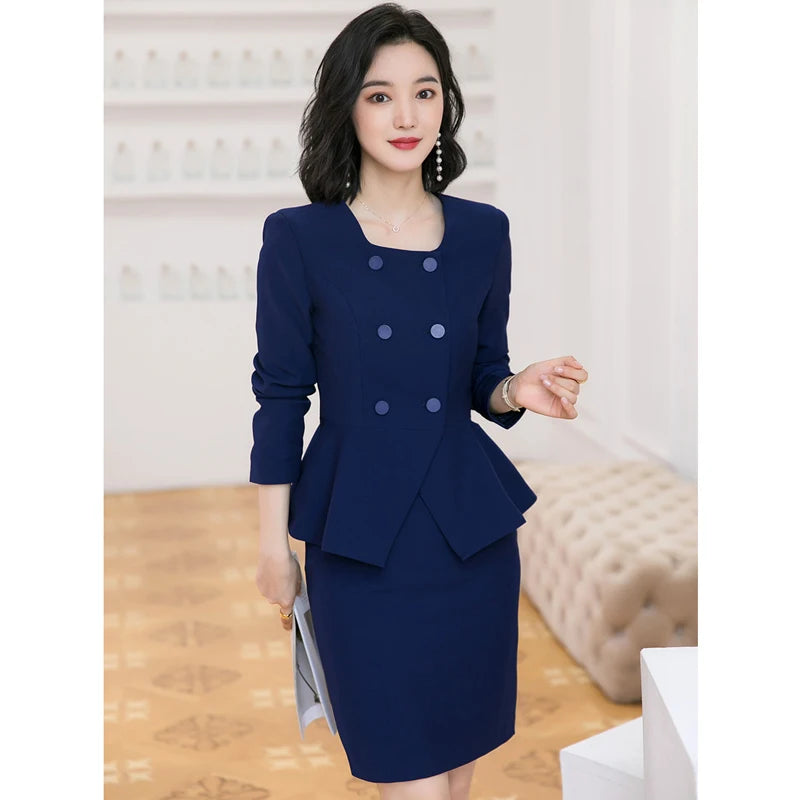 Navy blue Blazer Women Business Suits Ladies Skirt and Jacket Sets Office  elegant outfit