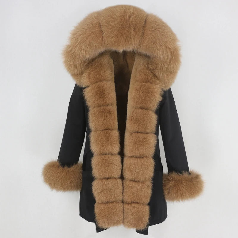 Winter Jacket Women Real Fur Coat Natural Real Fox Fur Collar Loose Long Parkas Big Outerwear Detachable