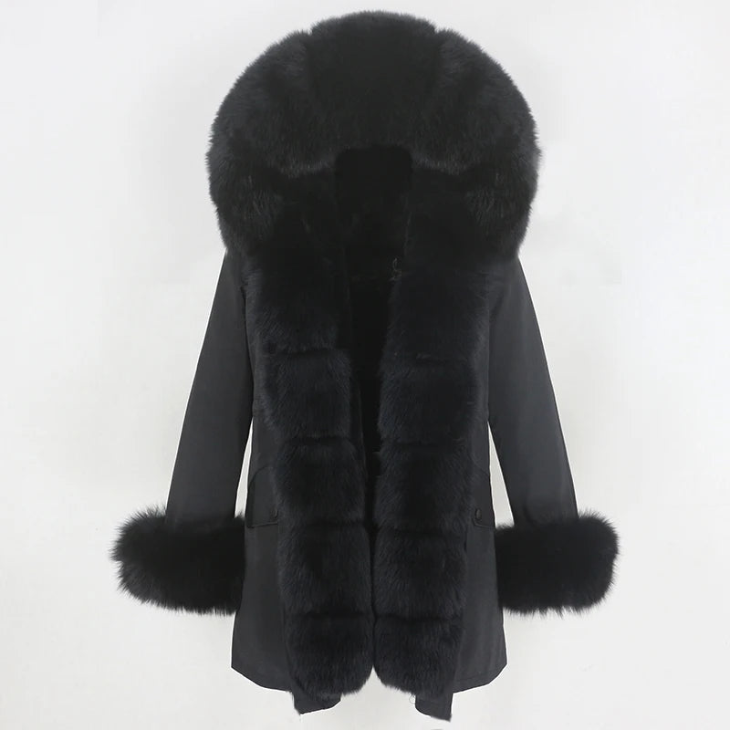 Winter Jacket Women Real Fur Coat Natural Real Fox Fur Collar Loose Long Parkas Big Outerwear Detachable