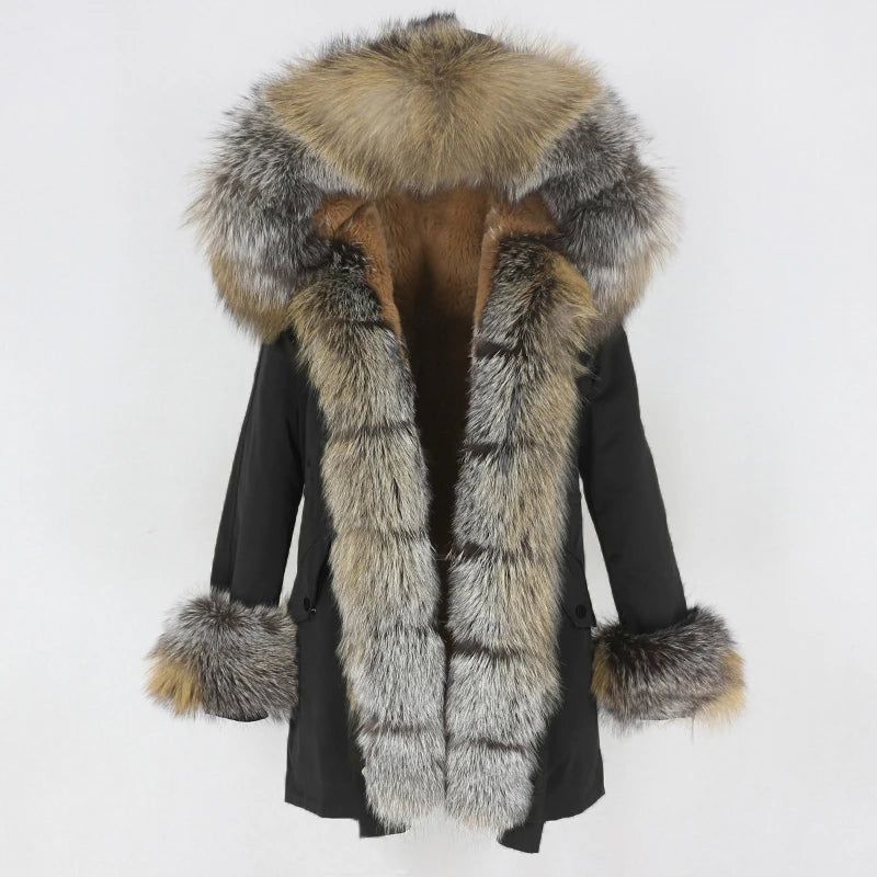 Winter Jacket Women Real Fur Coat Natural Real Fox Fur Collar Loose Long Parkas Big Outerwear Detachable