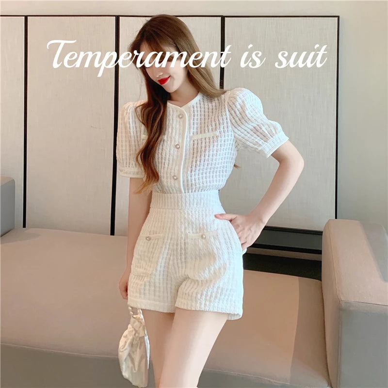 New Summer Elegant Women Blue Shorts Set Fashion Puff Sleeve Single Breasted White  Plaid Top High Waist Shorts 2 Piece Sets