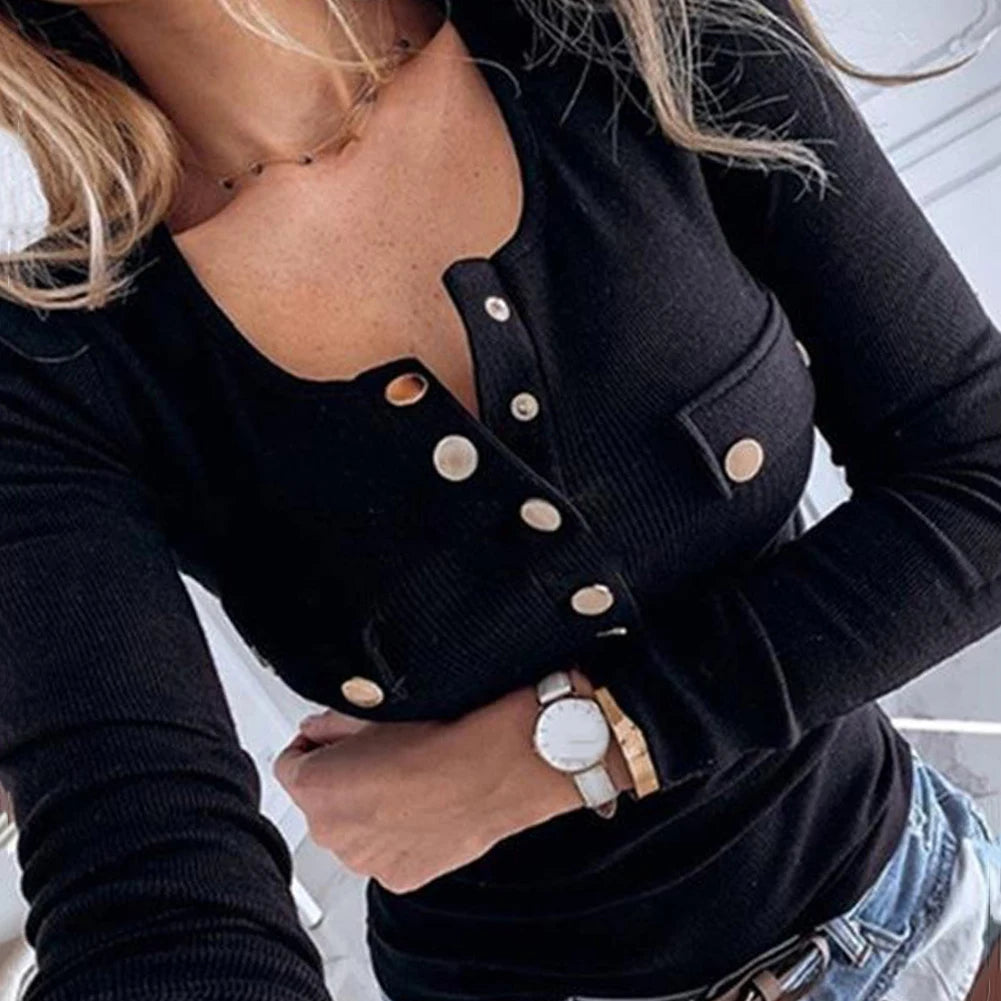 Fashion for Women Long Sleeve Solid Colour Button-s Ribbed Slim