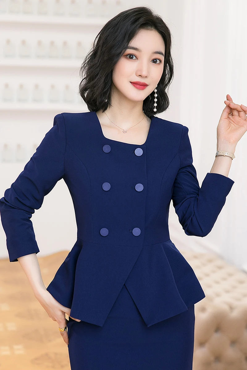 Navy blue Blazer Women Business Suits Ladies Skirt and Jacket Sets Office  elegant outfit