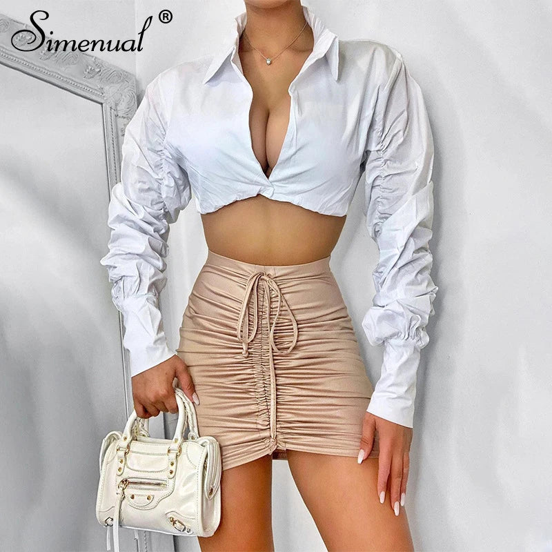 Simenual Button Ruched White Puff Sleeve Blouse Shirts Women Long Sleeved Fashion