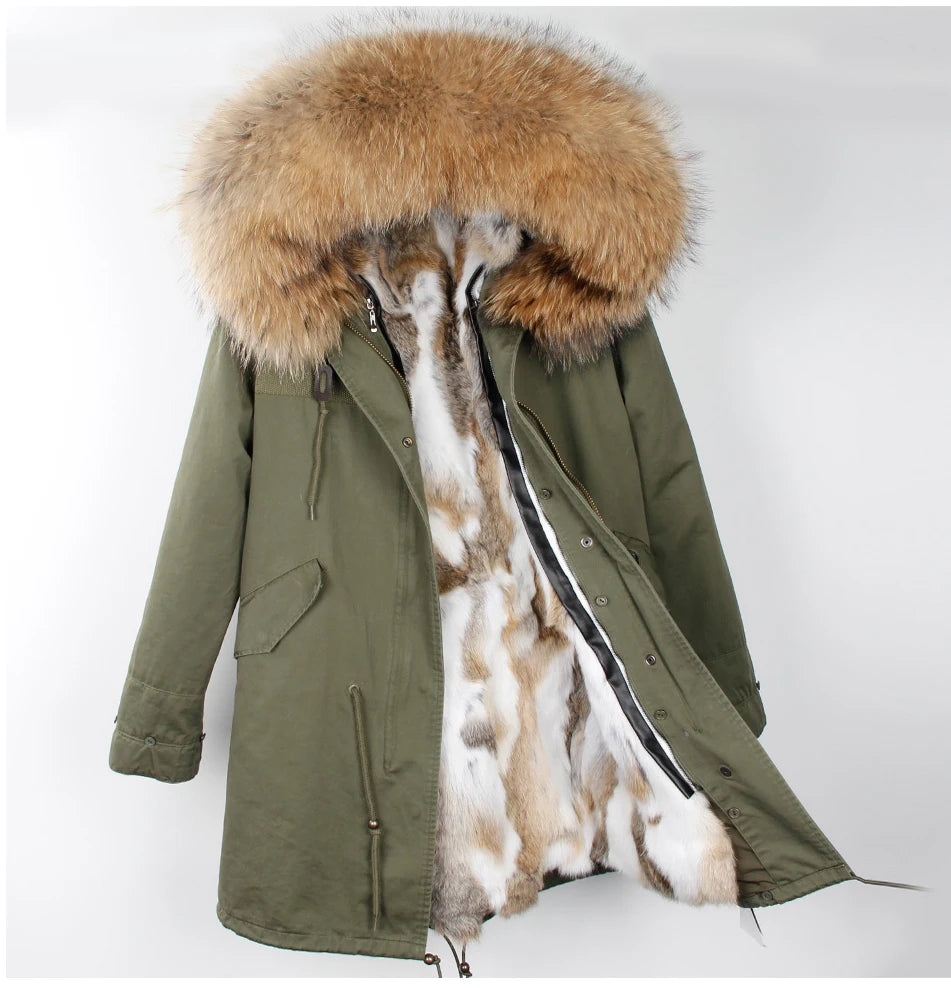 Thick Real Fur Coat Big Raccoon Collar Hooded Jacket Detachable Rabbit Fur Lining Winter Women's Clothing