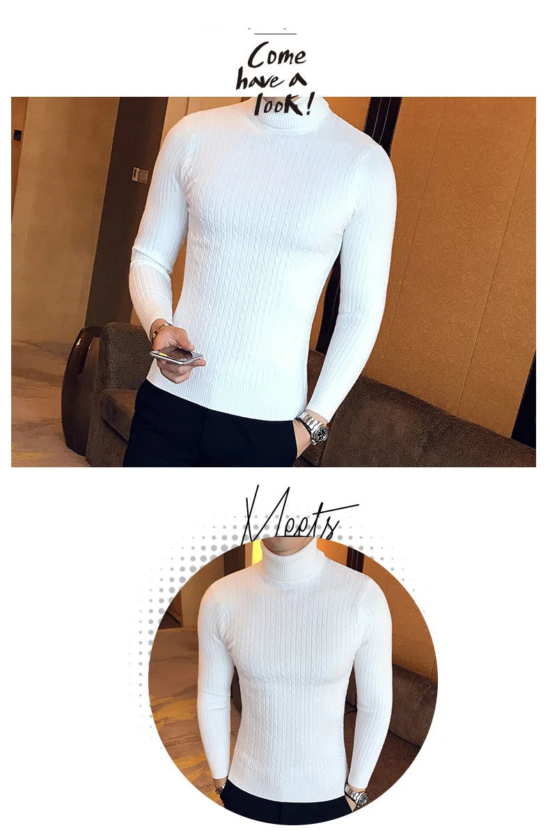 Casual Men Winter High Solid Color Sweater Turtleneck Brand Mens White Sweaters Slim Knitted Fit Pullover Twist Striped Knitwear