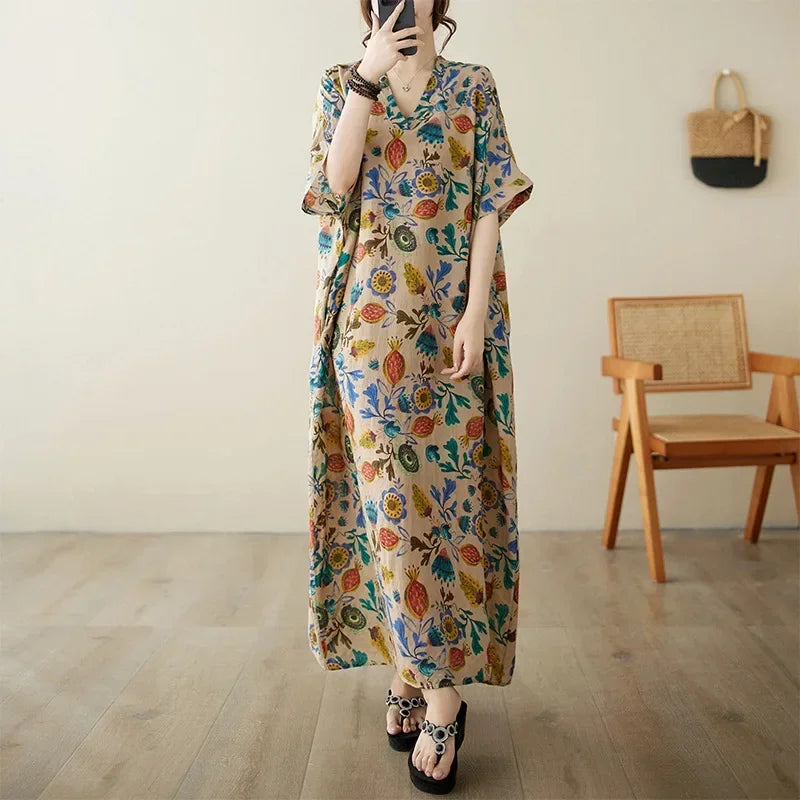 Boho Floral Cotton-Linen Summer Dress for Women – Ankle-Length, Loose Fit, O-Neck