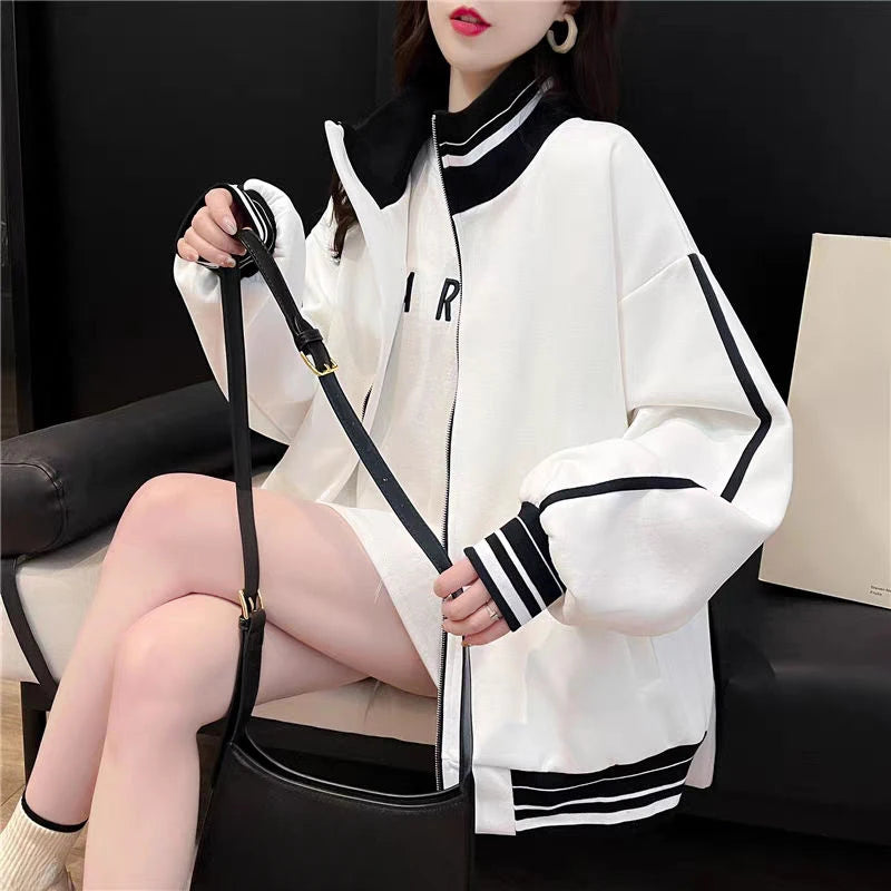 Black Sweatshirts for Women Full Zip Up Tops with Striped Y2k Hoodie Long Sleeve Style Matching