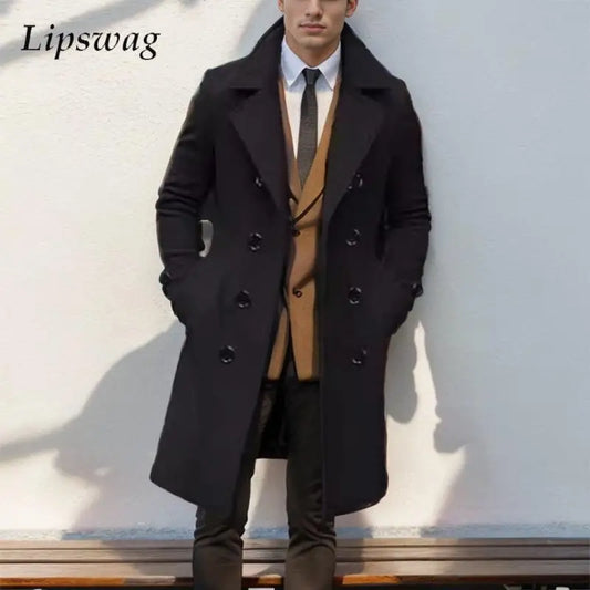 Winter Wool Overcoats Mens Outdoor Casual Double-breasted Turndown Collar Coats.