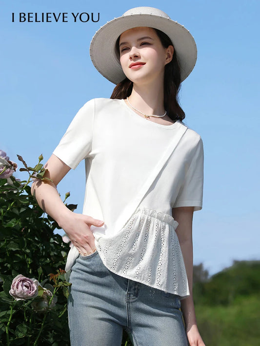 Women's Hollow-Out O-Neck Cotton Blend T-Shirt – Summer 2024 | Office Lady Style by I BELIEVE YOU