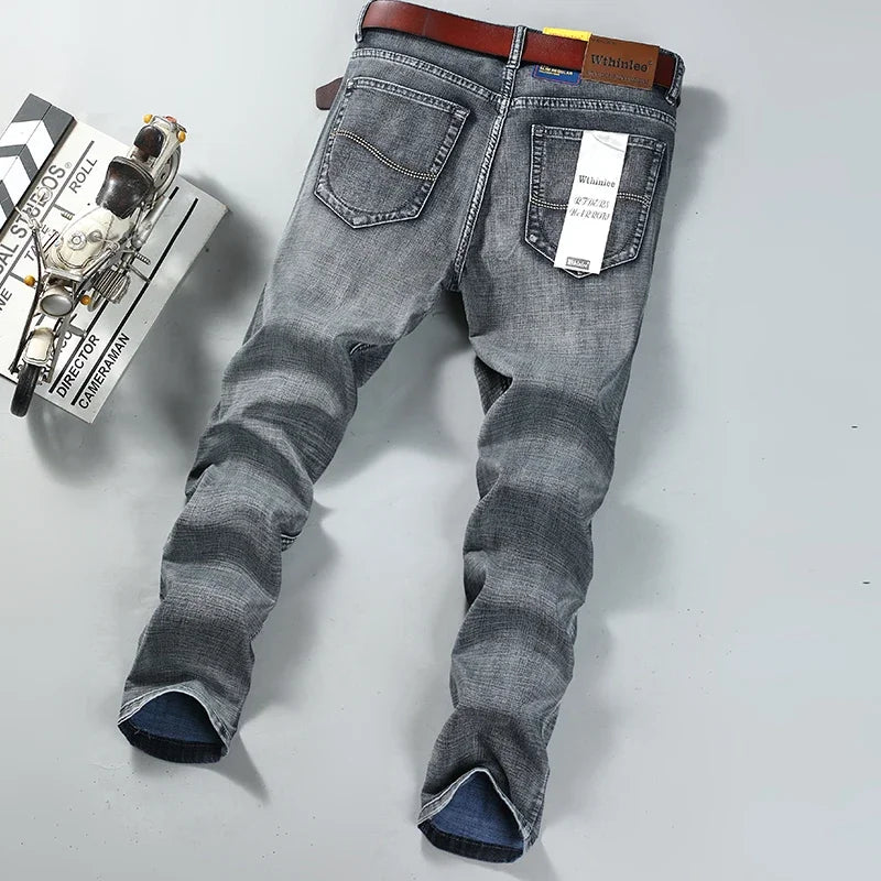 Men  Stretch Jeans Retro Smoke Gray Fit Straight Casual Denim Pants