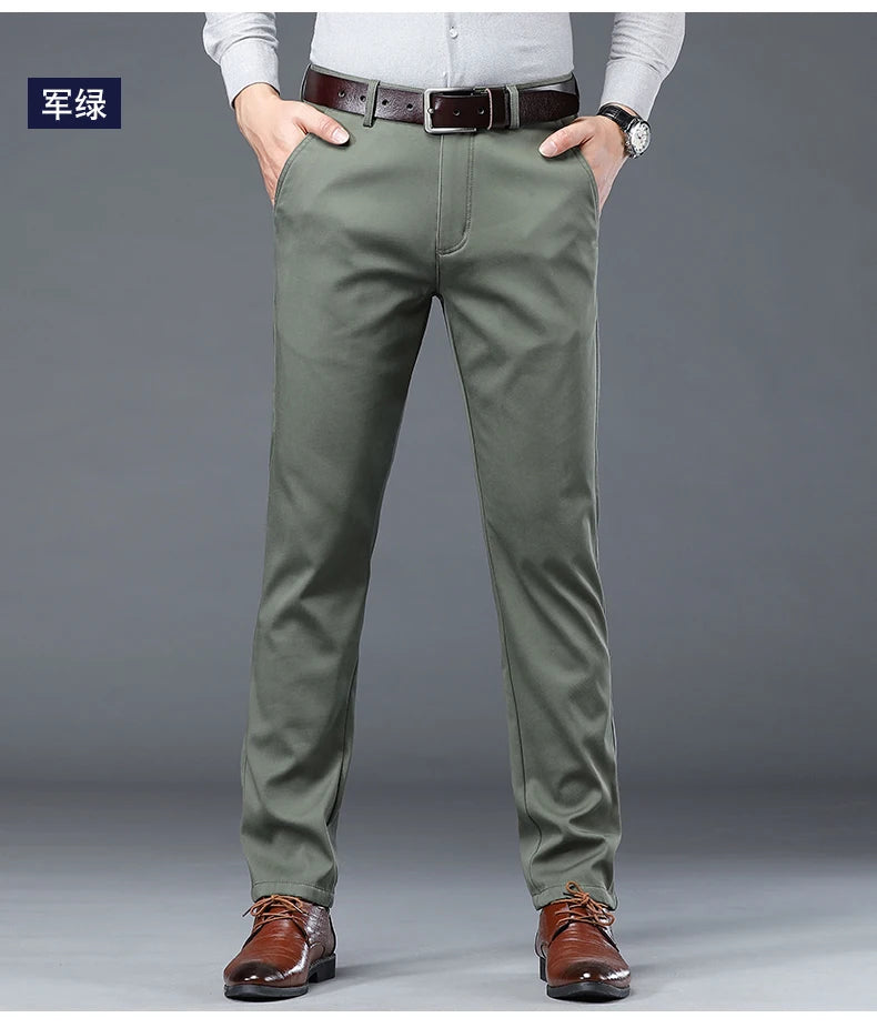 HIQOR Winter Fleece Men's Casual Pants Stretch Solid Business Straight Trousers ideally for Office .