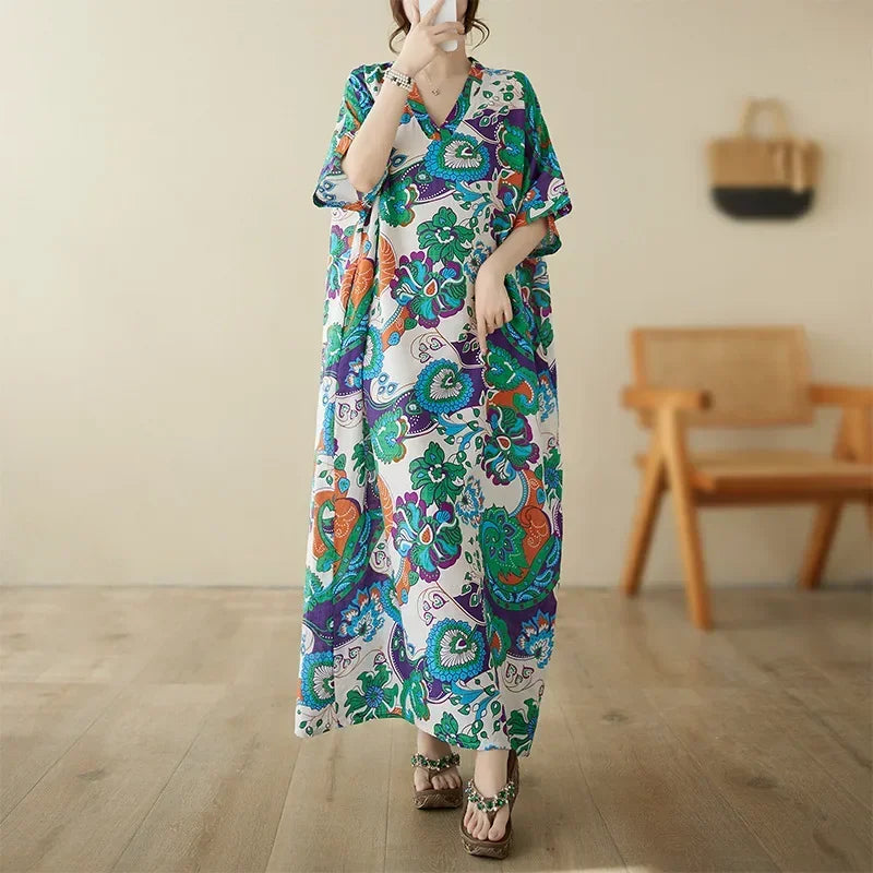 Boho Floral Cotton-Linen Summer Dress for Women – Ankle-Length, Loose Fit, O-Neck
